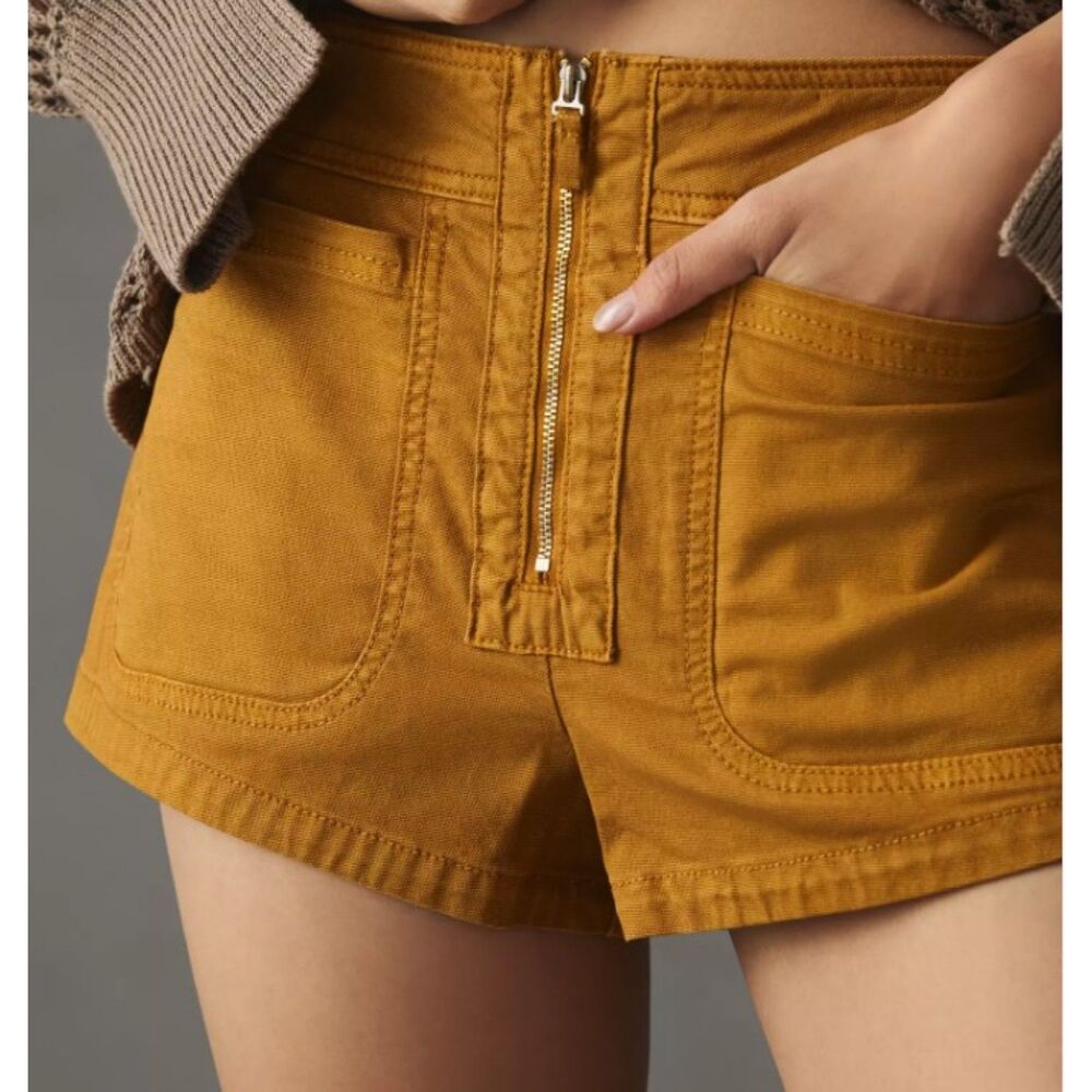 By Anthropologie Front-Zip Canvas Shorts Mustard Yellow Size 12